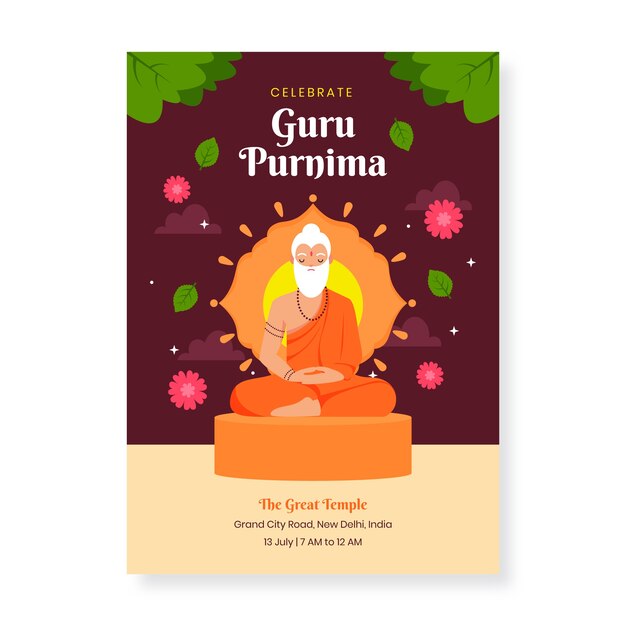 Plantilla plana de póster de guru purnima con monje barbudo