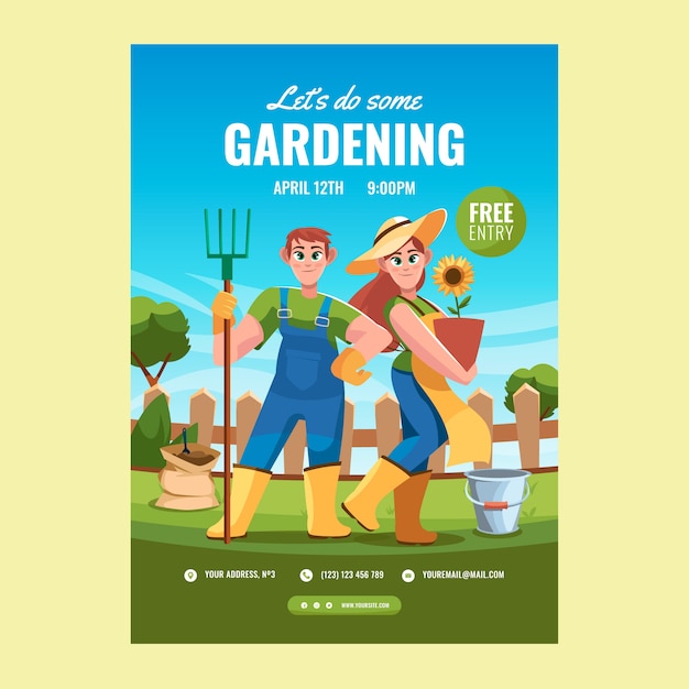 Vector gratuito plantilla plana de póster de jardinería