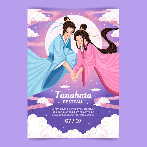 Plantilla plana de póster de tanabata con pareja