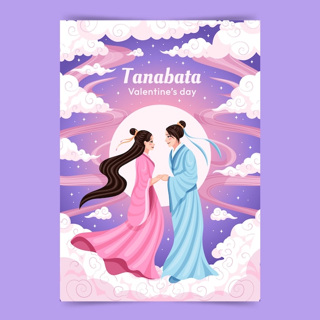 Vector gratuito plantilla plana de póster de tanabata con pareja
