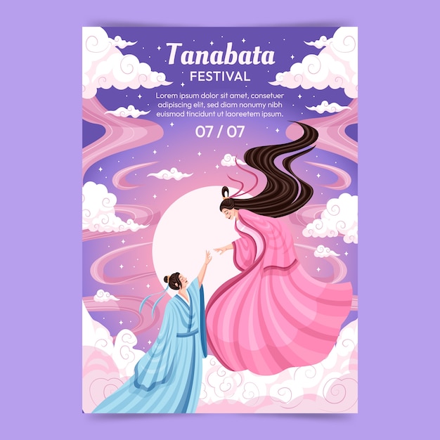 Vector gratuito plantilla plana de póster de tanabata con pareja