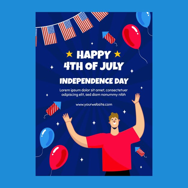 Plantilla plana de póster vertical del 4 de julio con hombre y globos