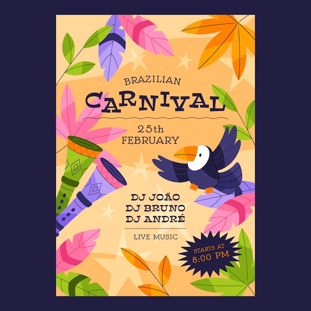 Vector gratuito plantilla plana de póster vertical de carnaval brasileño