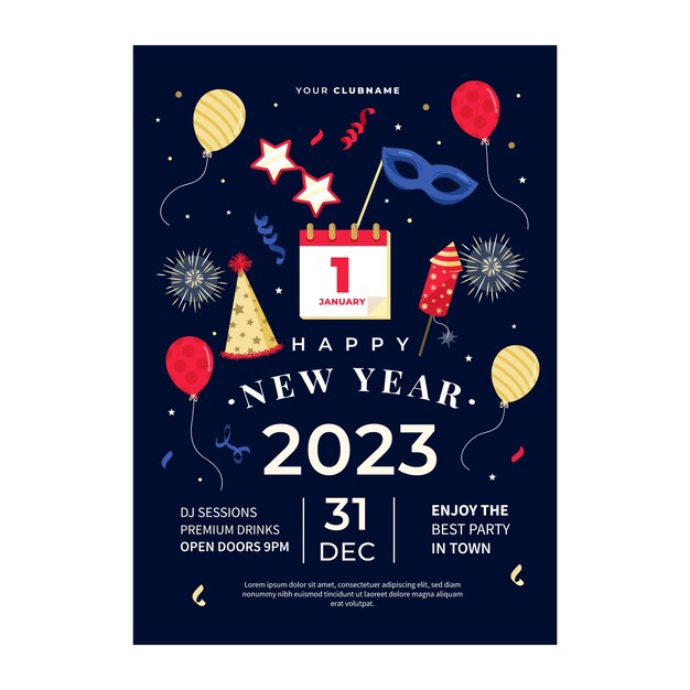 Plantilla plana de póster vertical de celebración de año nuevo