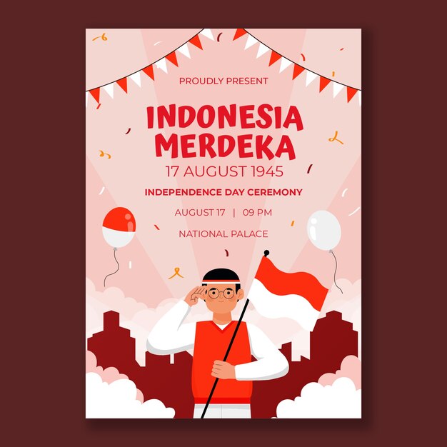 Plantilla plana de póster vertical del día de la independencia de indonesia