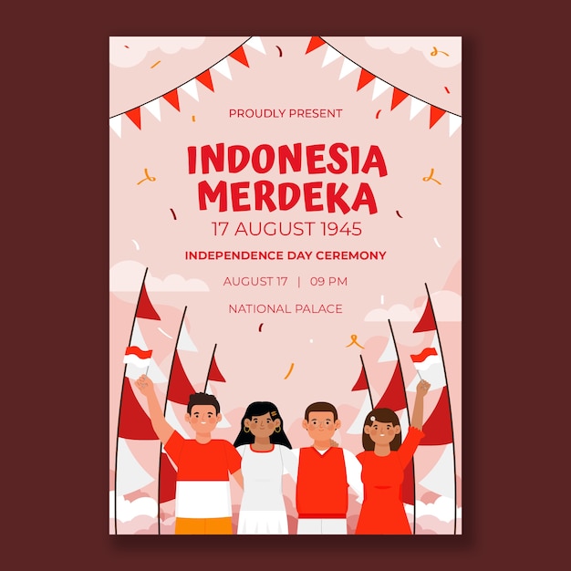 Vector gratuito plantilla plana de póster vertical del día de la independencia de indonesia