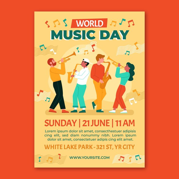 Plantilla plana de póster vertical del día mundial de la música