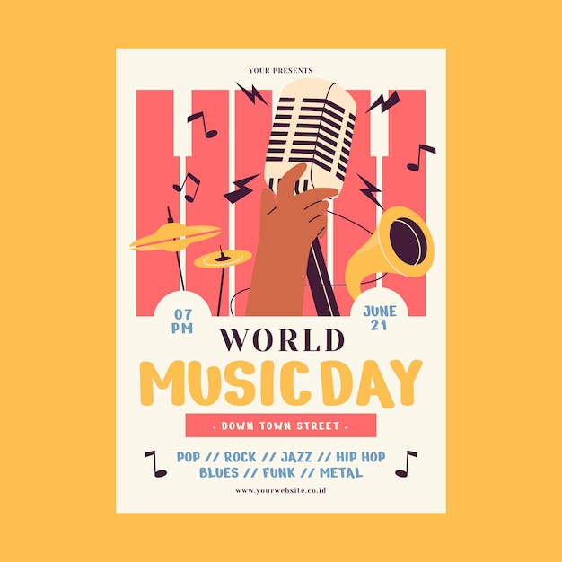 Plantilla plana de póster vertical del día mundial de la música