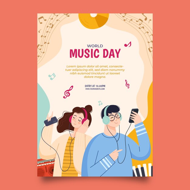 Plantilla plana de póster vertical del día mundial de la música