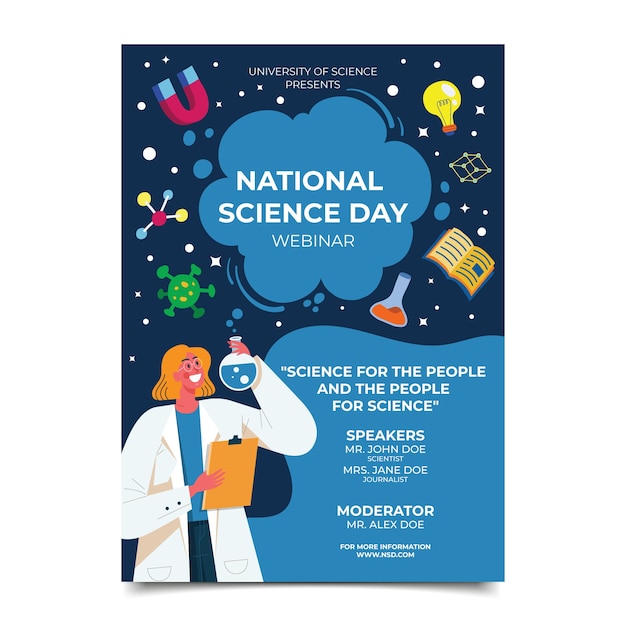 Vector gratuito plantilla plana de póster vertical del día nacional de la ciencia