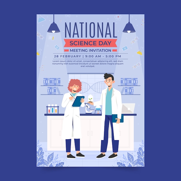 Plantilla plana de póster vertical del día nacional de la ciencia