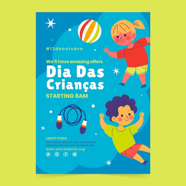 Vector gratuito plantilla plana de póster vertical del día del niño