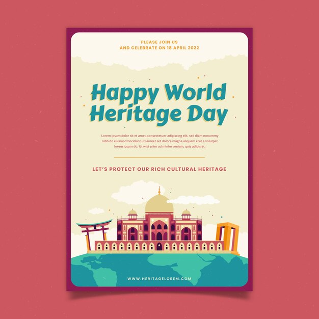 Plantilla plana de póster vertical del día del patrimonio mundial