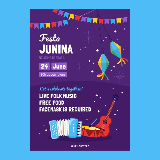 Plantilla plana de póster vertical de festas juninas