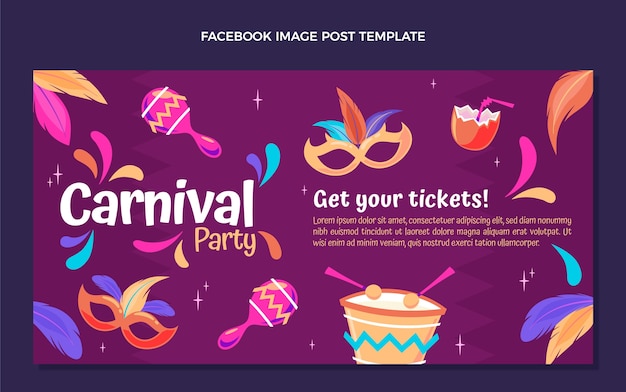 Vector gratuito plantilla plana de publicación de redes sociales de carnaval