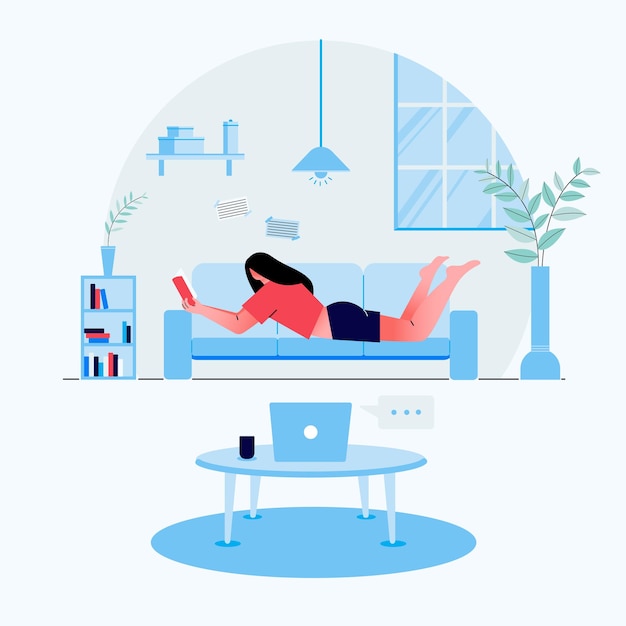 Plantilla plana de relajación y tiempo libre con niñas lindas leyendo libros en casa ilustración