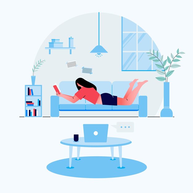 Plantilla plana de relajación y tiempo libre con niñas lindas leyendo libros en casa ilustración