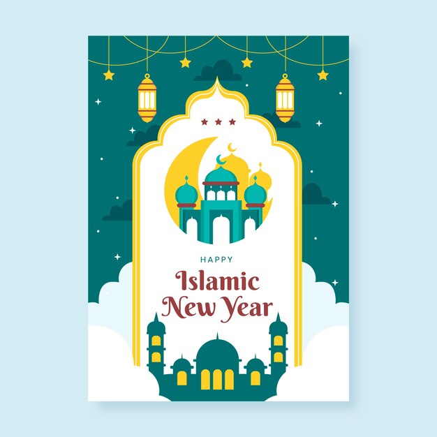 Plantilla plana de tarjeta de felicitación de año nuevo islámico con edificio y linternas