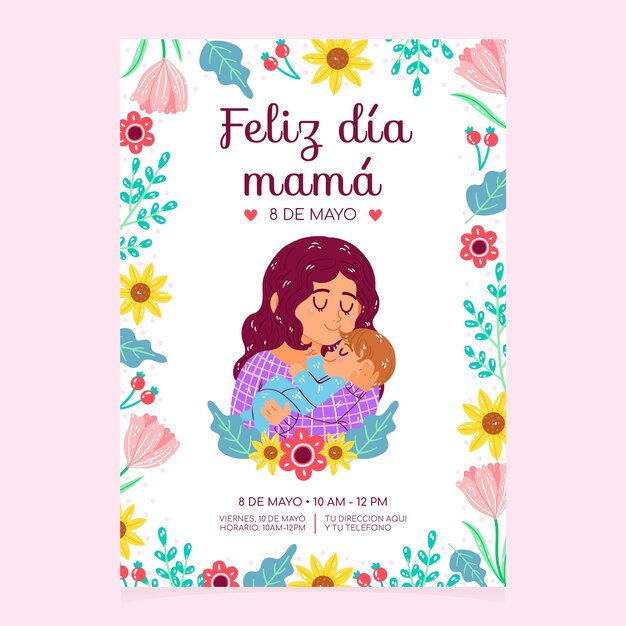 Plantilla plana de tarjeta de felicitación del día de la madre en español