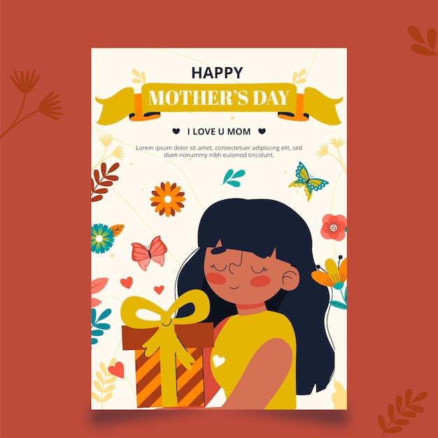 Vector gratuito plantilla plana de tarjeta de felicitación del día de la madre