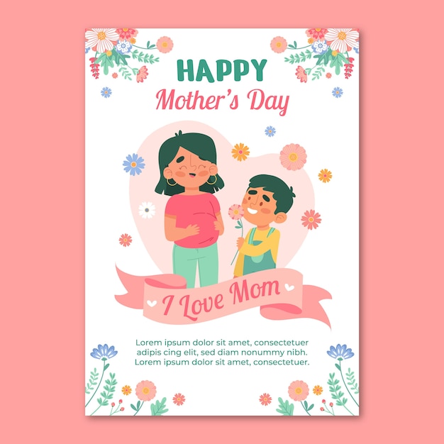 Vector gratuito plantilla plana de tarjeta de felicitación del día de la madre