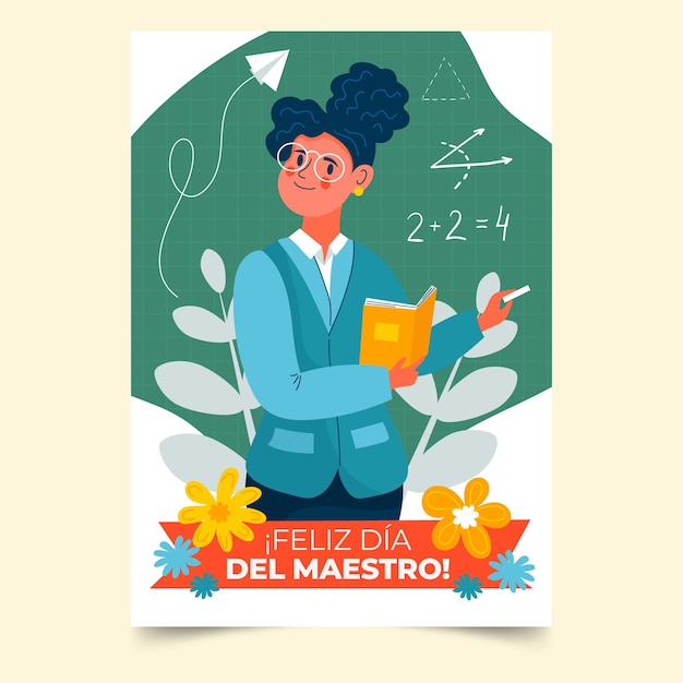 Vector gratuito plantilla plana de tarjeta de felicitación del día del maestro en español