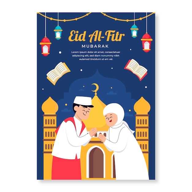 Vector gratuito plantilla plana de tarjeta de felicitación de eid al-fitr