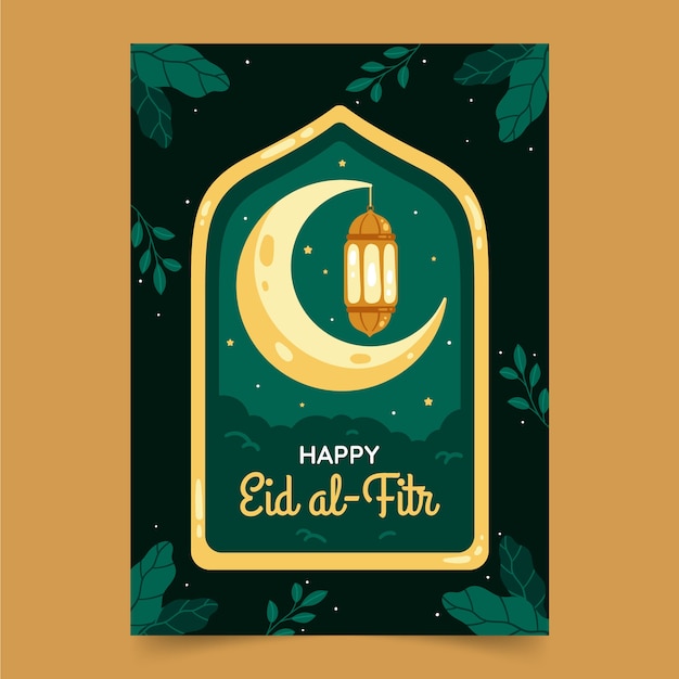 Plantilla plana de tarjeta de felicitación de eid al-fitr