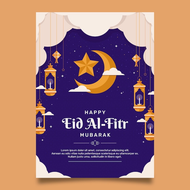 Vector gratuito plantilla plana de tarjeta de felicitación de eid al-fitr