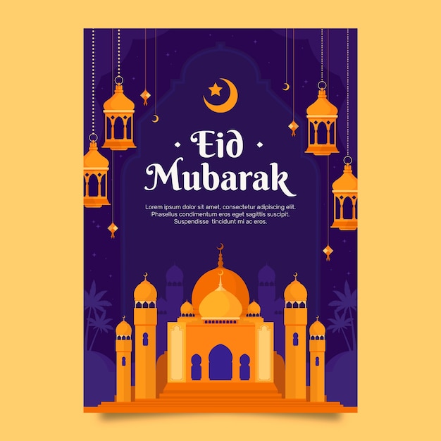 Plantilla plana de tarjeta de felicitación de eid al-fitr