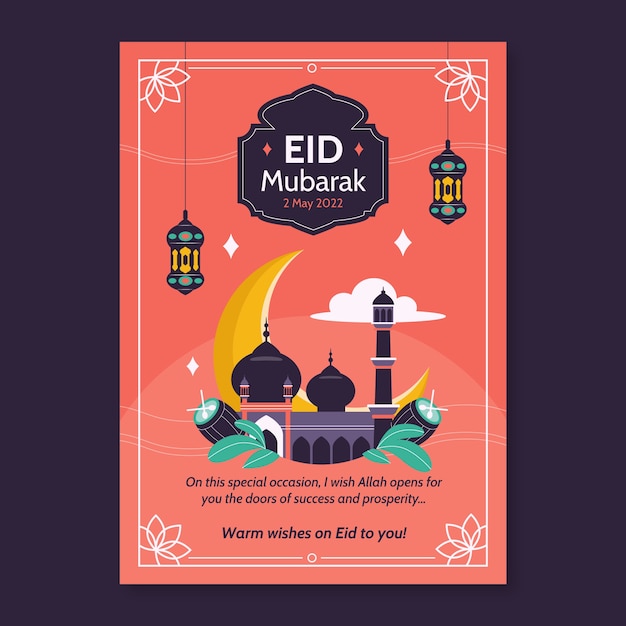 Vector gratuito plantilla plana de tarjeta de felicitación de eid al-fitr