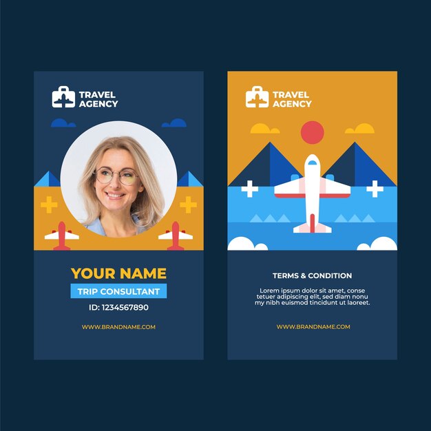 Plantilla plana de tarjeta de identificación de agencia de viajes