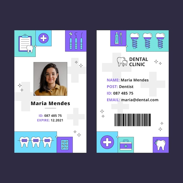 Plantilla plana de tarjeta de identificación de clínica dental