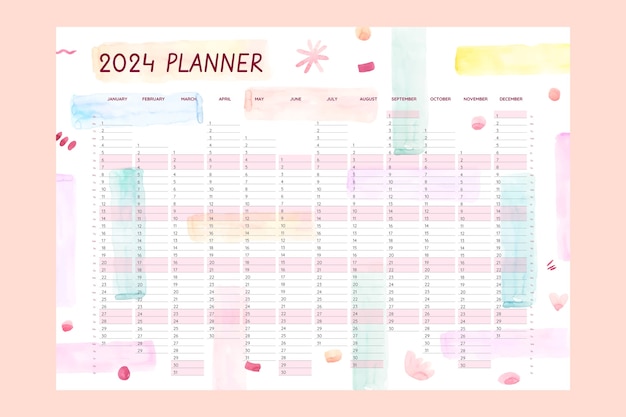 Plantilla de planificador anual acuarela 2024