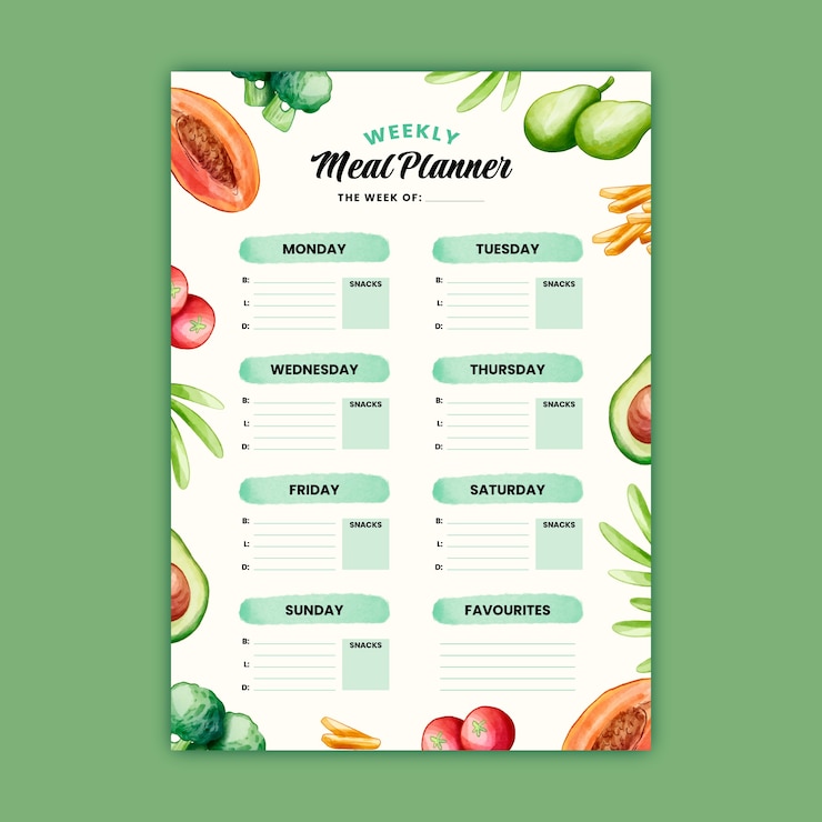 Vector gratuito plantilla de planificador de comidas en acuarela