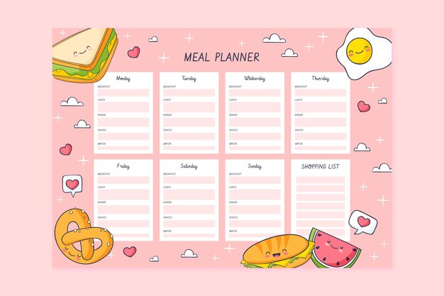 Plantilla de planificador de comidas de comida linda dibujada a mano