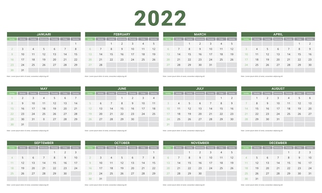 Plantilla de planificador de diseño corporativo de domingo de inicio de semana de calendario 2022