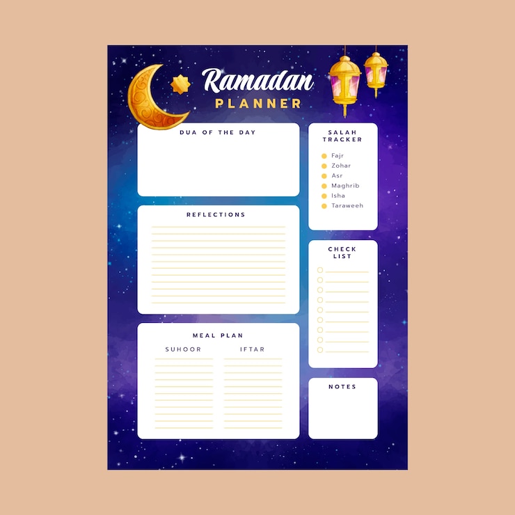 Vector gratuito plantilla de planificador de ramadán de acuarela