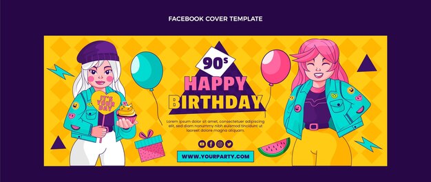 Plantilla de portada de facebook de cumpleaños de los 90 dibujada a mano