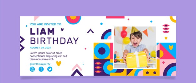 Plantilla de portada de facebook de cumpleaños de mosaico de diseño plano