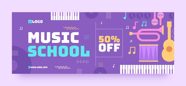 Vector gratuito plantilla de portada de facebook de escuela de música de diseño plano