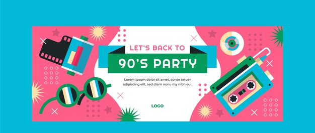 Plantilla de portada de facebook de fiesta de los 90 colorida de diseño plano