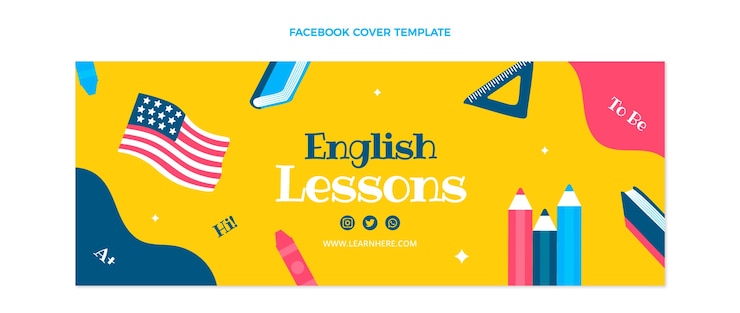 Vector gratuito plantilla de portada de facebook de lecciones de inglés de diseño plano