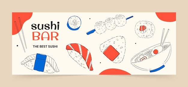 Plantilla de portada de facebook de restaurante japonés dibujada a mano