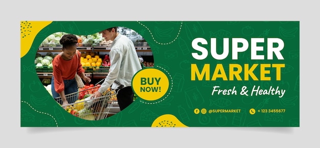 Plantilla de portada de facebook de supermercado de diseño plano
