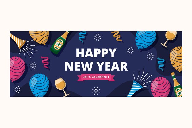 Plantilla de portada de redes sociales de año nuevo dibujada a mano