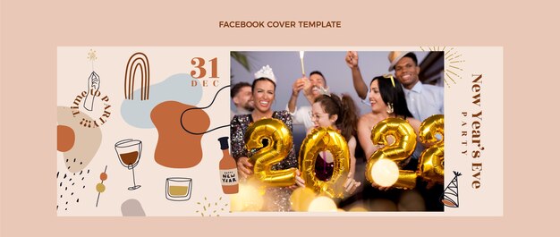 Plantilla de portada de redes sociales de año nuevo plano dibujado a mano
