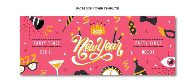Plantilla de portada de redes sociales de año nuevo plano dibujado a mano