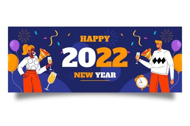 Plantilla de portada de redes sociales de año nuevo plano dibujado a mano