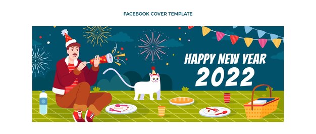 Plantilla de portada de redes sociales de año nuevo plano dibujado a mano